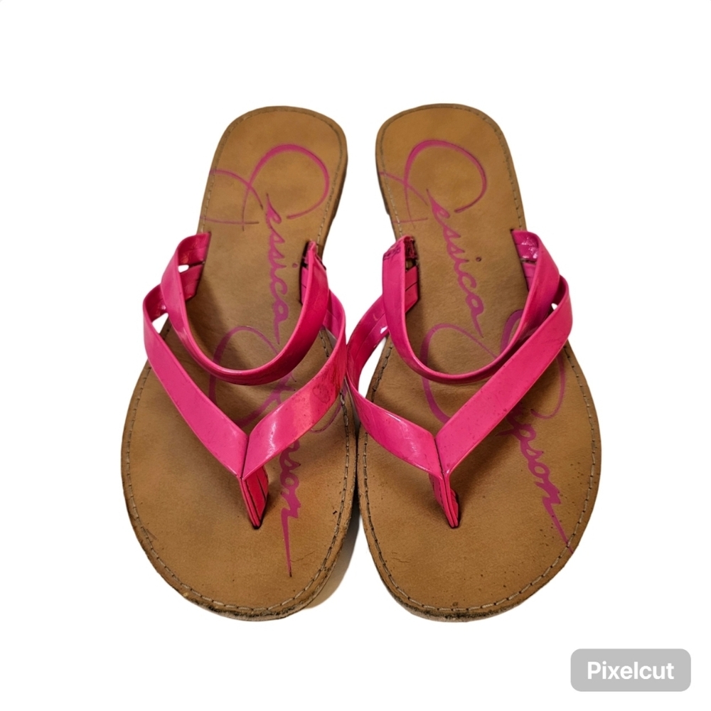 Jessica Simpson pink patent manmade flat flip flops girls size 6 US